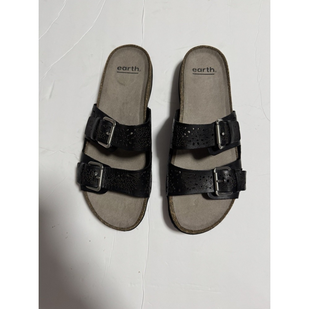 Earth Sandals Antiqua Size 9M Black Flora Buckles Slip On